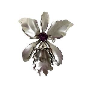 Silver Tone Orchid Flower Brooch Purple Rhinestone Center Convertible Pendant